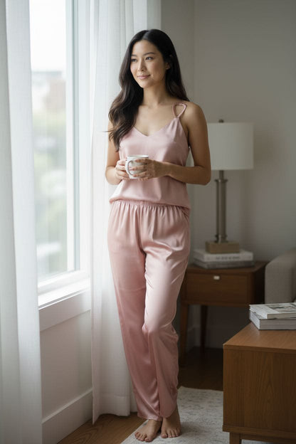 Pijamas en satín (pantalón y blusa con tirantes)