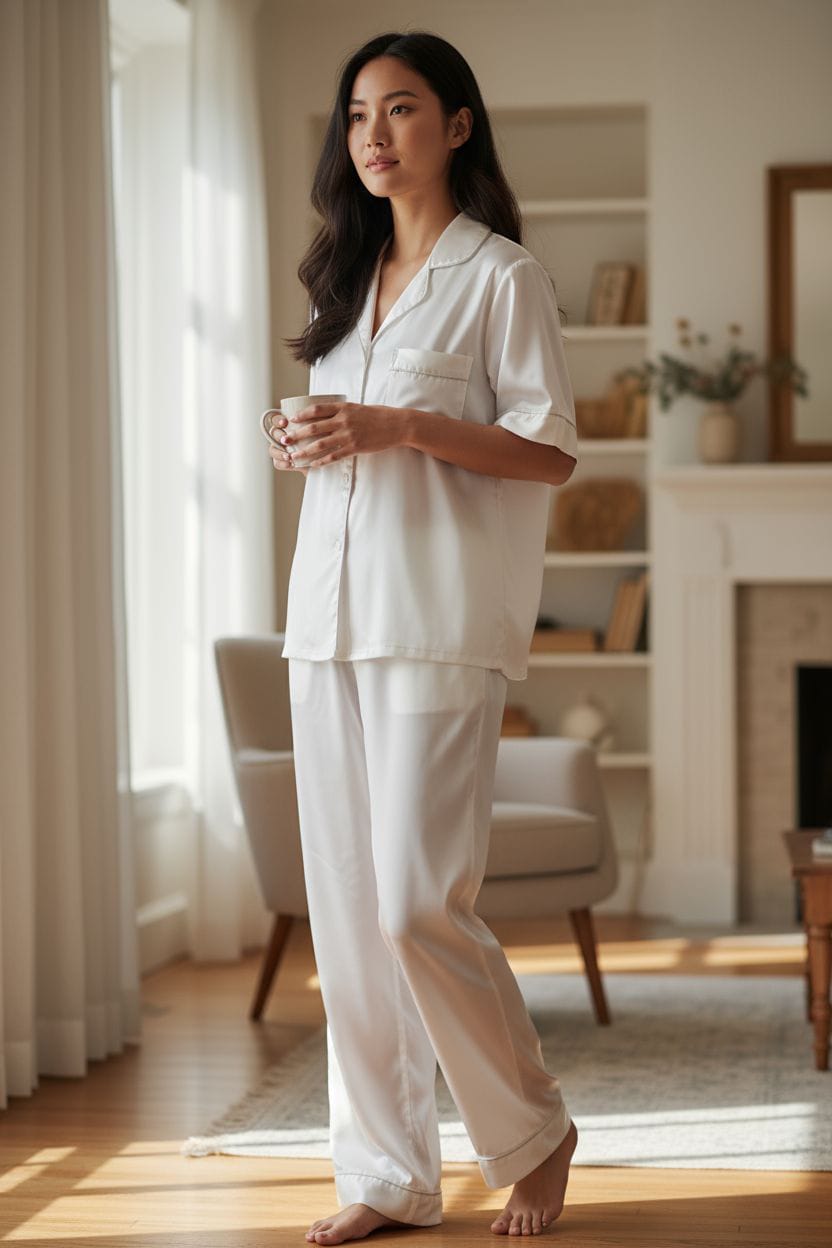 Pijamas en satín (pantalón y blusa con manga)